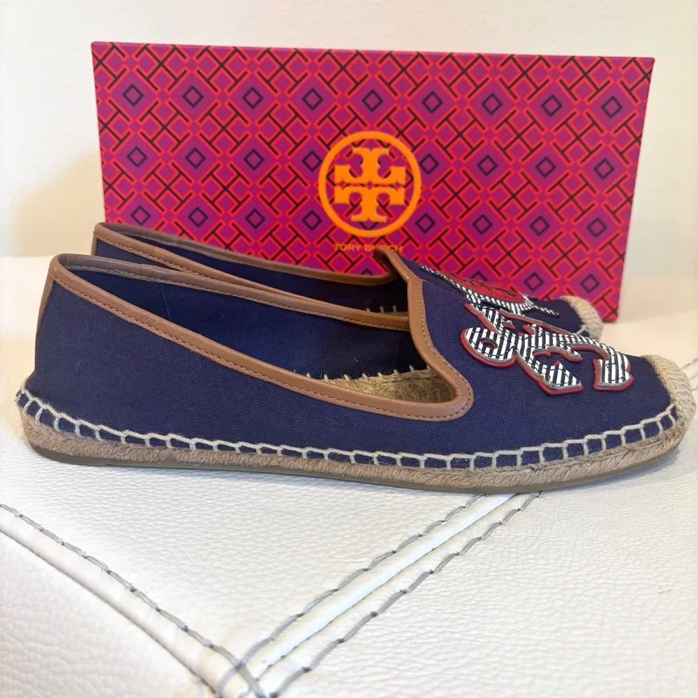 Tory Burch Women’s Maritime Flat Espadrille Size 8 Navy Canvas Nautical Anchor